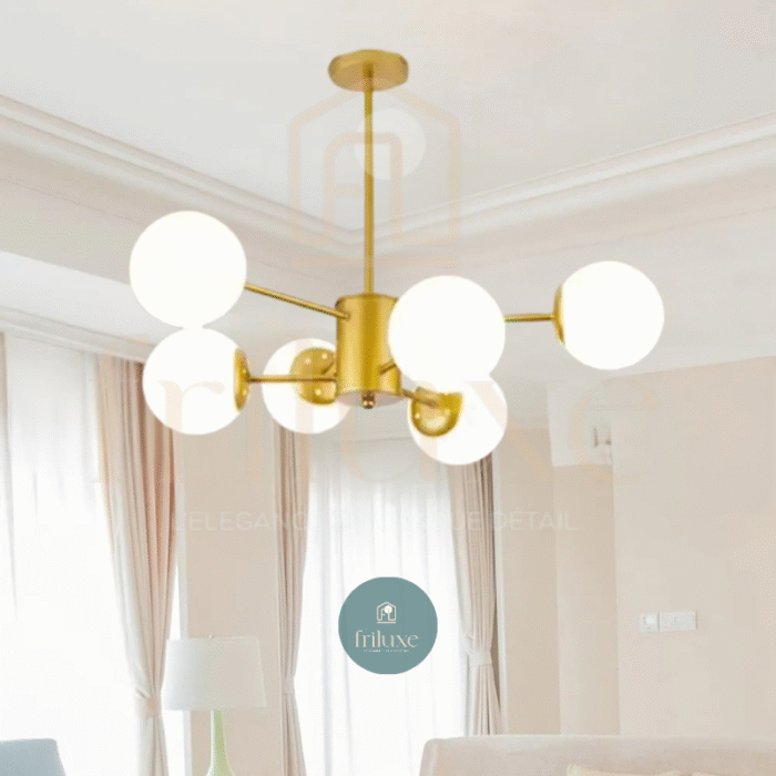 Suspension Moderne 6 Lumières Finition Dorée Globes en Verre Blanc 2