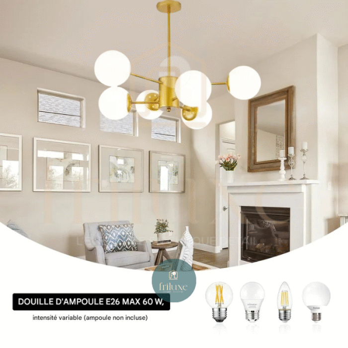 Suspension Moderne 6 Lumières Finition Dorée Globes en Verre Blanc 5