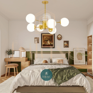 Suspension Moderne 6 Lumières – Finition Dorée & Globes en Verre Blanc