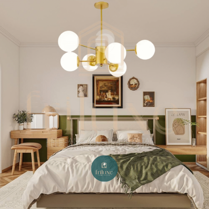 Suspension Moderne 6 Lumières Finition Dorée Globes en Verre Blanc 7