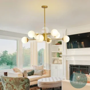 Suspension Moderne 8 Lumières – Finition Dorée & Globes en Verre Blanc